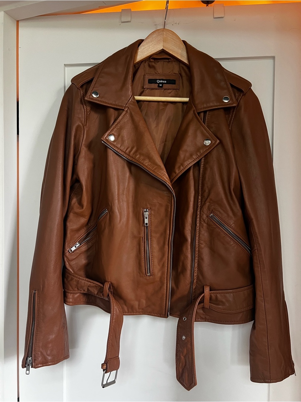 Quince Cognac Brown Leather Moto Jacket Size Medium LIKE NEW